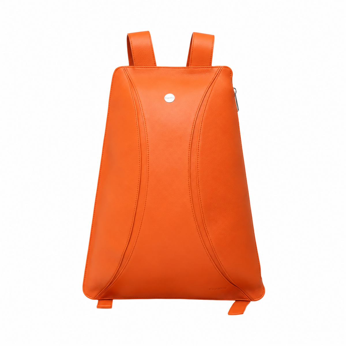Bolso de piel naranja de silueta trapezoidal, vista frontal sobre fondo blanco
